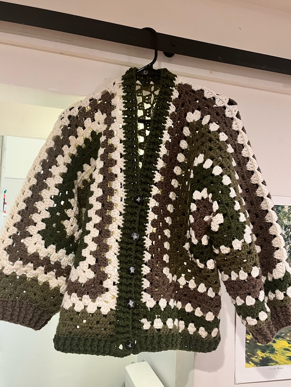 Crochet Granny Square Cardigan in Olive Green, Brown & Cream